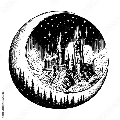 Castle is drawn on a circle with stars in the background. The castle is surrounded by trees and the sky is cloudy