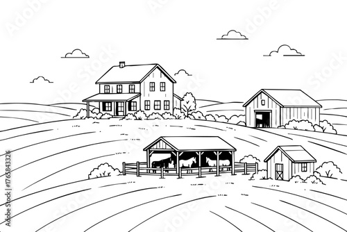 Peaceful countryside scene with a farmhouse, barn, and a cow grazing in the field. The barn is situated in the middle of the field, while the house is located on the left side of the scene