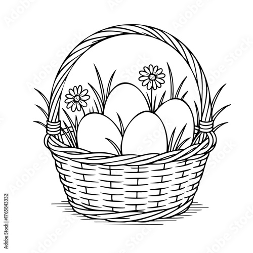 Basket of eggs with a bunch of flowers in the background. The basket is filled with eggs and the flowers are scattered around it. The basket is placed on a white background