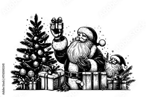 Black and white drawing of Santa Claus holding a present and standing in front of a Christmas tree