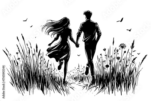 Man and woman are running through a field. The man is wearing a jacket and the woman is wearing a dress. The grass is tall and the sky is blue