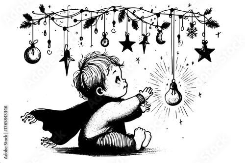 Child is reaching for a light bulb hanging from a Christmas tree. The scene is black and white and has a whimsical, playful mood