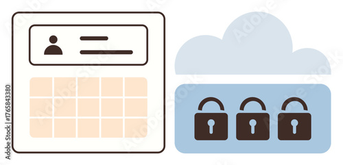 Cloud storage protected by three padlocks beside a grid panel with a user profile icon and details. Ideal for security, privacy, cloud, technology, data management, confidentiality, and networking
