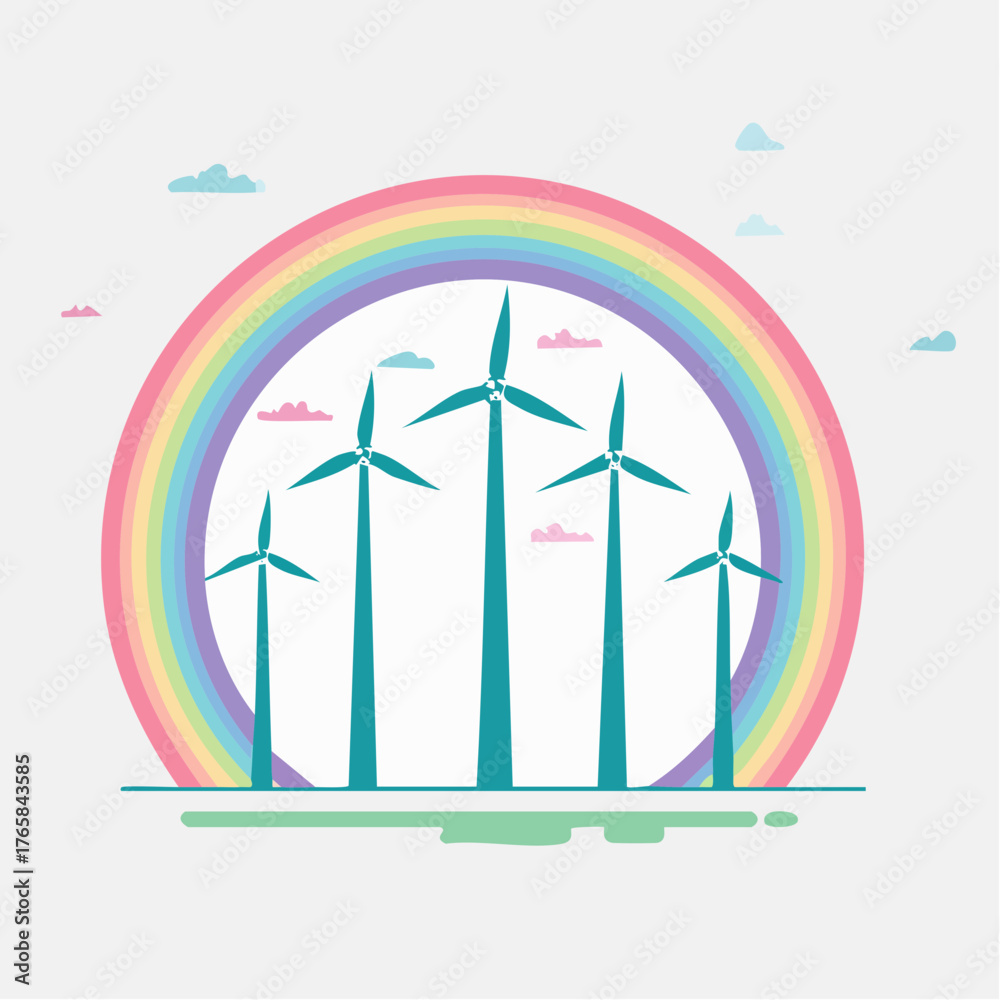 Fototapeta premium Eco-friendly wind turbines standing tall against a vibrant pastel rainbow sky, symbolizing clean energy and a sustainable future