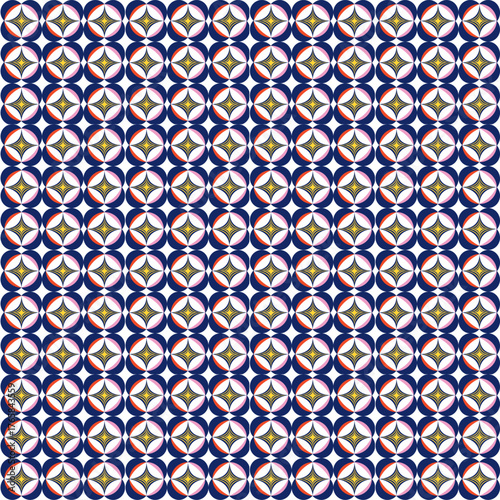 Seamless pattern with circles and four-pointed star used for textiles, such as fabric or scarves, and for wallpaper.