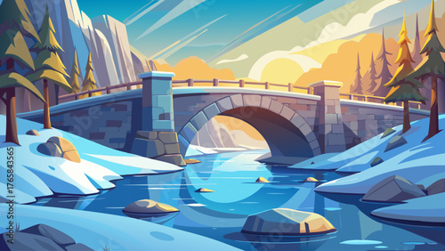 Ancient stone bridge over frozen river under clear sky, sunlight reflecting on ice, snow-covered surroundings glowing softly