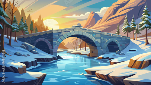 Ancient stone bridge over frozen river under clear sky, sunlight reflecting on ice, snow-covered surroundings glowing softly