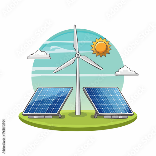 Cartoon vector illustration of green energy technology, with a wind turbine and solar panels generating sustainable electricity under a sunny sky