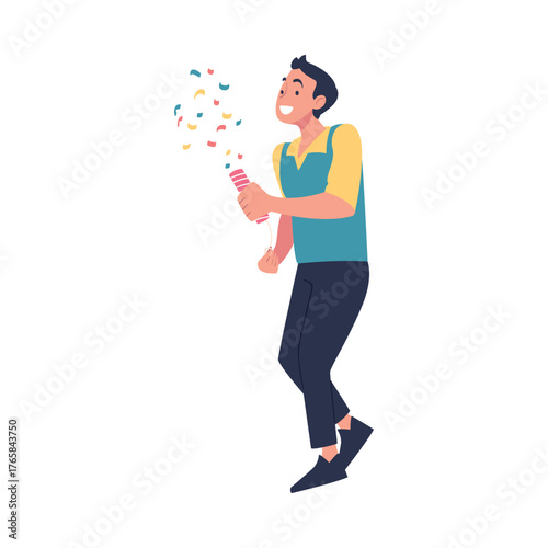 Man Character on Holiday Explode Party Popper Celebrating Birthday Party Vector Illustration