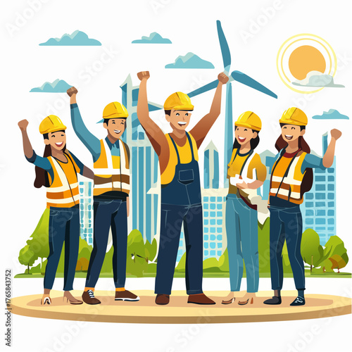Diverse Team of Construction Workers Celebrating Success with Renewable Energy in the Background