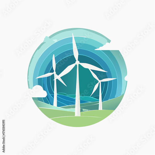 Eco-friendly Wind Power Landscape with Turbines in Layered Paper Art Style - A Sustainable Vision for Green Energy and Environmental Protection