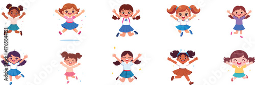 A group of ten diverse cartoon girls happily jumping with arms raised, showcasing joy and energy on a white background.