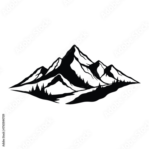 Detailed black silhouette of a majestic mountain peak with trees