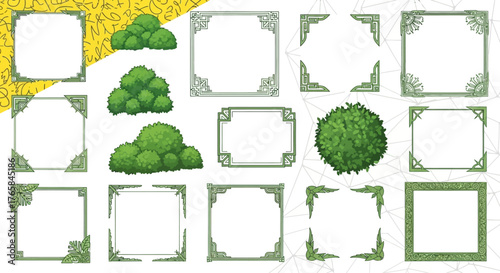 Set of pixel art frames and bushes retro game design elements isolated on white background
