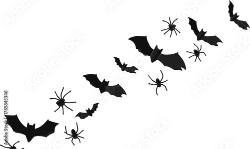 Photography Black bats and spiders flying across white background Halloween theme arachnid