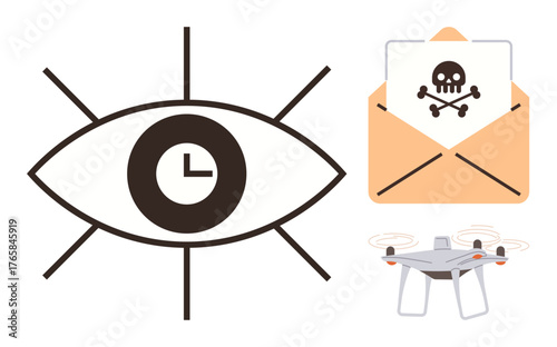 Eye with clock symbol depicts surveillance, envelope with skull represents cyber threats, and quadcopter symbolizes remote technology risks. Ideal for privacy, cybersecurity, time, vigilance