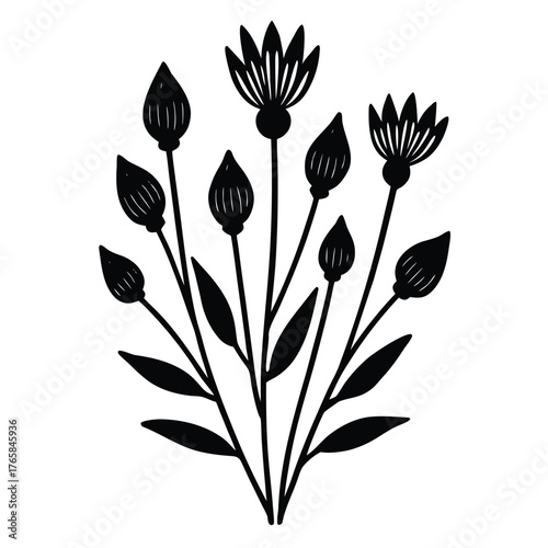 Elegant black and white floral illustration with blossoming flower heads