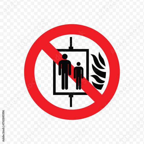 Vector prohibition sign indicating that the elevator or lift is not to be used during a fire