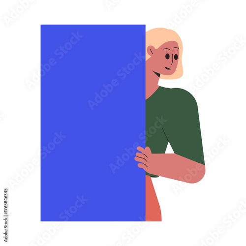 Woman Character Peeking Out Shape and Looking Vector Illustration