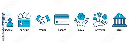 Microcredit icon set Blue Monochrome Flat Design concept for personal, profile, trust, credit, loan, interest and bank
