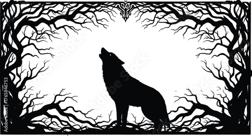 Black silhouette of a wolf howling within a frame of bare tree branches white