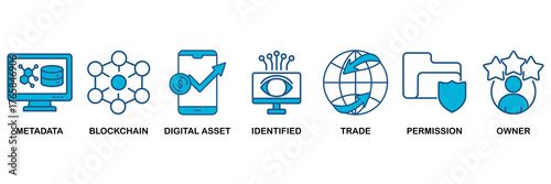 Nft icon set Blue Monochrome Flat Design concept for metadata, blockchain, digital asset, identified, trade, permission and owner