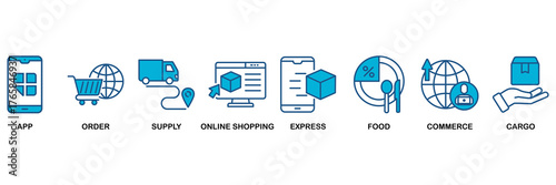 Delivery service icon set Blue Monochrome Flat Design concept for app, order, online shopping, supply, fast, food, commerce, and cargo