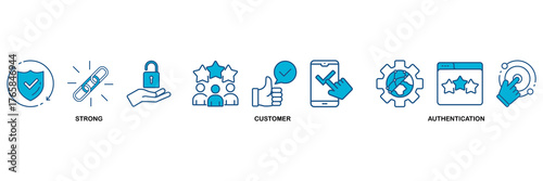 SCA icon set Blue Monochrome Flat Design concept for strong customer authentication with icon of connection, security, application, login, and password verification