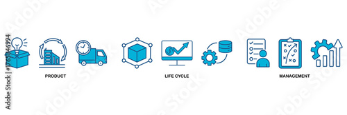 PLM icon set Blue Monochrome Flat Design concept for product lifecycle management with innovation, development, manufacture, delivery, cycle, analysis, planning, strategy, and improvement icon