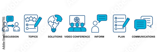 Meeting icon set Blue Monochrome Flat Design concept for business meeting and discussion with communications, topics, solutions, plan, inform and video conference icon