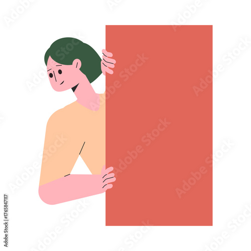 Woman Character Peeking Out Shape and Looking Vector Illustration