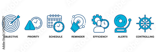Time management icon set Blue Monochrome Flat Design concept for objective, priority, schedule, reminder, efficiency, alerts, and controlling
