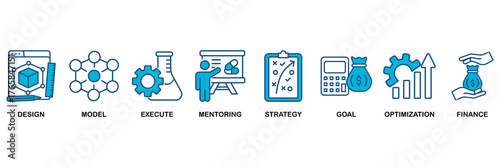 BPM icon set Blue Monochrome Flat Design concept for business process management with icon of design, model, execute, mentoring, strategy, goal, optimization, finance