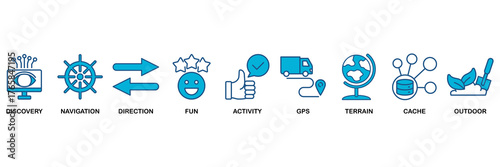 Geocaching icon set Blue Monochrome Flat Design concept for discovery, navigation, direction, fun, activity, gps, terrain, cache and outdoor