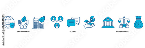 ESG icon set Blue Monochrome Flat Design concept for Environment Social Governance of corporate sustainability performance for investment screening