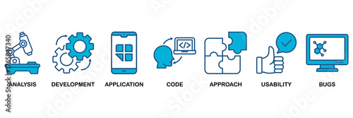 Software testing icon set Blue Monochrome Flat Design concept for analysis, development, application, code, approach, usability, and bugs
