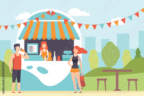 Man and Woman with Tattoo Walking in Park Stand at Stall Vector Illustration