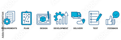 Business agility icon set Blue Monochrome Flat Design concept for requirements, plan, design, development, delivery, test, feedback