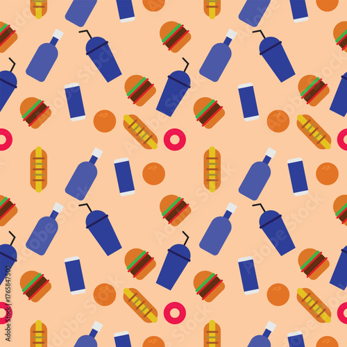 Colorful seamless fast food pattern showing burgers drinks bottles donuts hotdogs and oranges on peach background perfect for wrapping paper wallpaper textile and packaging