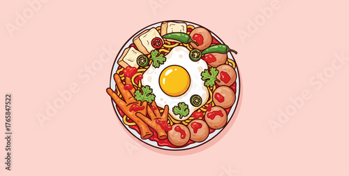 Flat Vector Illustration of Indonesian Spicy Street Food with Egg, Noodles, and Meatballs — Top View