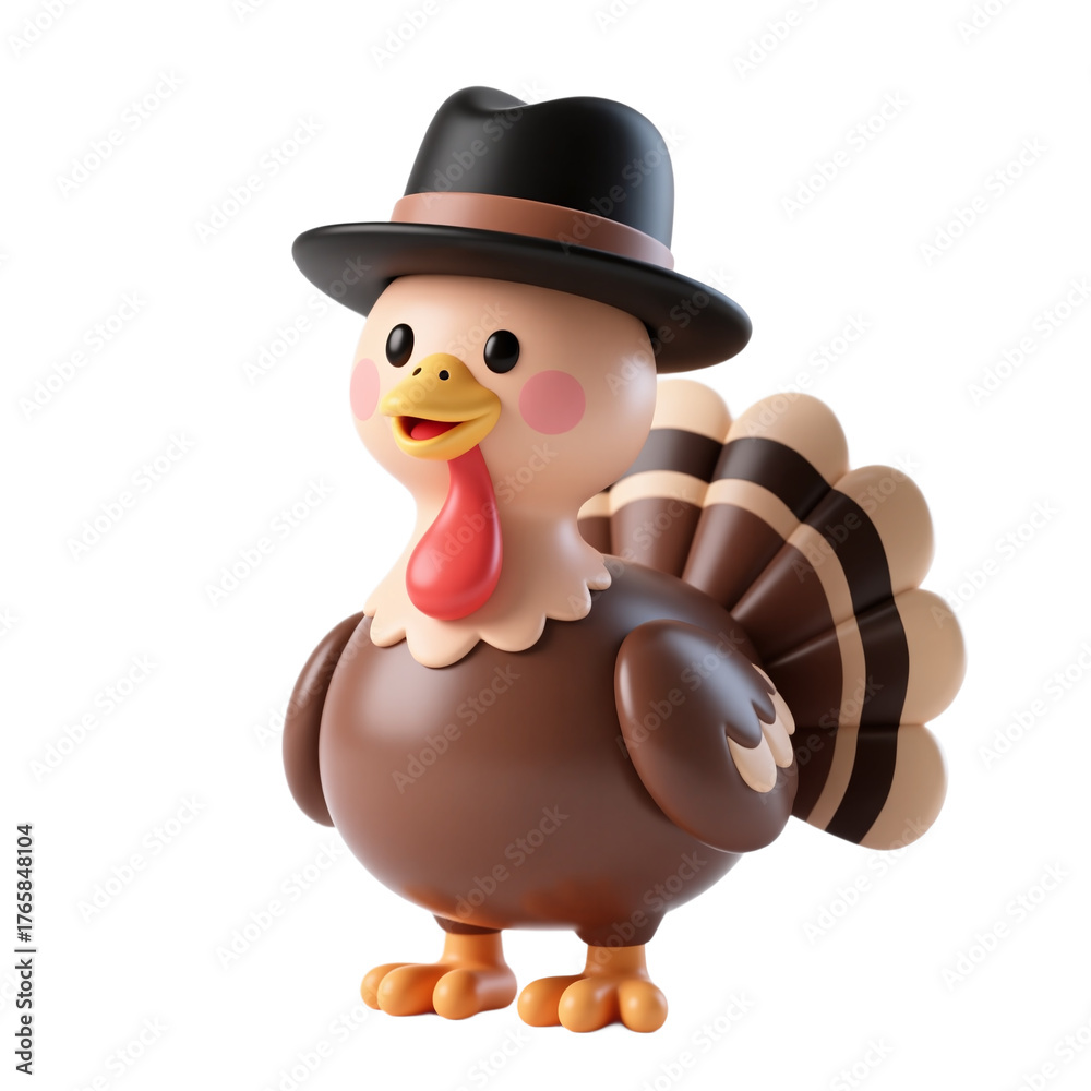 Fototapeta premium Thanksgiving Cute Turkey Bird Character Black Hat 3D Render Icon Illustration Cute Cartoon Style Design