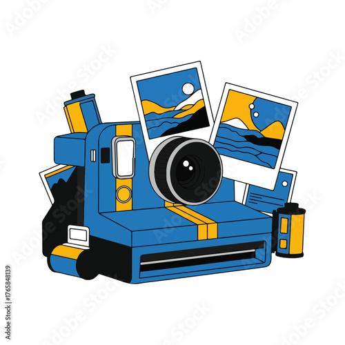 Instant Camera and Landscape Photos Illustration, Retro Style