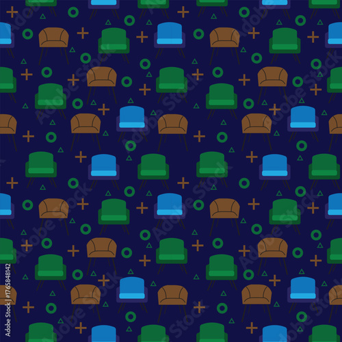 Seamless furniture pattern showing blue green and brown chairs on dark navy background perfect for wallpaper textile wrapping packaging and modern interior home decor themed projects
