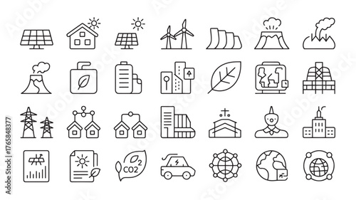Sustainability and energy icon set with solar panels, wind turbines, electric cars, eco symbols, and power sources in vector style