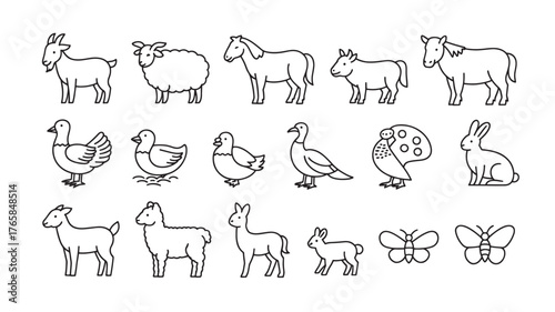 Farm animal icon set with goat, sheep, horse, duck, chick, rabbit, butterfly, and creative owl in black line vector style