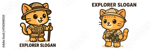 Cute cartoon cats dressed as explorers in safari outfits on a white background for an adventure theme