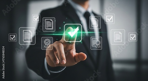 Digital verification concept showing a hand approving a glowing checkmark surrounded by document icons.