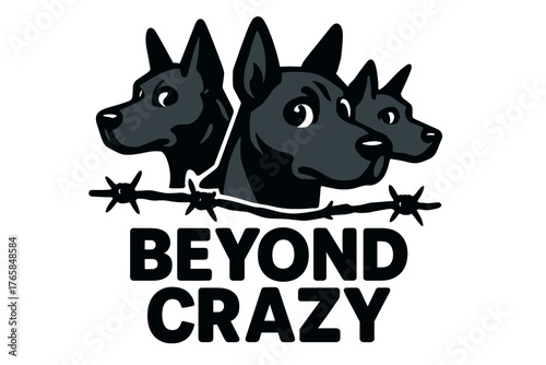 Three black dogs look fiercely while barbed wire adds a dramatic touch in a bold and expressive design