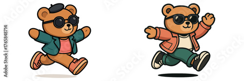 Cute bear characters in stylish outfits running joyfully under a bright atmosphere