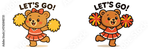 Cheerful bear character in vibrant outfit encouraging fun with pom-poms